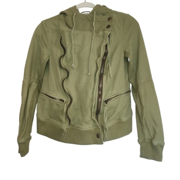 We The Free Army/Olive Green Carmen Moto Jacket With Hood Size S Sweatshirt Feel - Picture 2 of 16